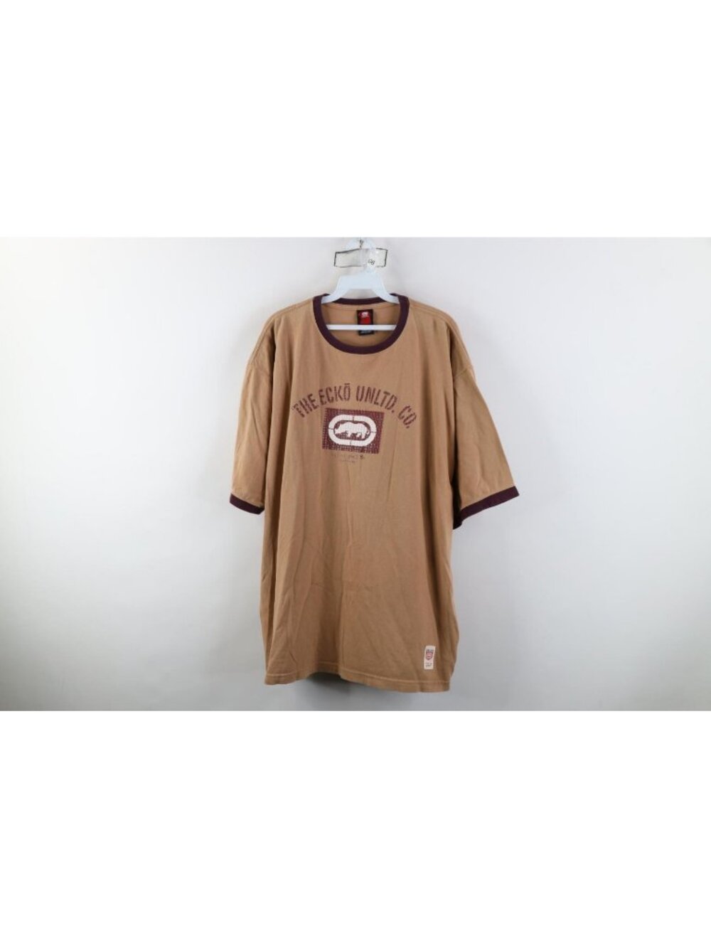 Vintage 90s Y2K Ecko Mens XL Faded Spell Out Baggy Ringer T-Shirt Beige Cotton